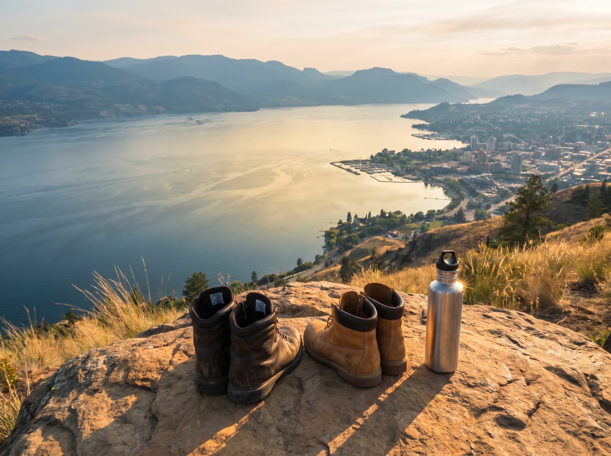 Hiking boots and water bottle on Knox Mountain overlooking Kelowna