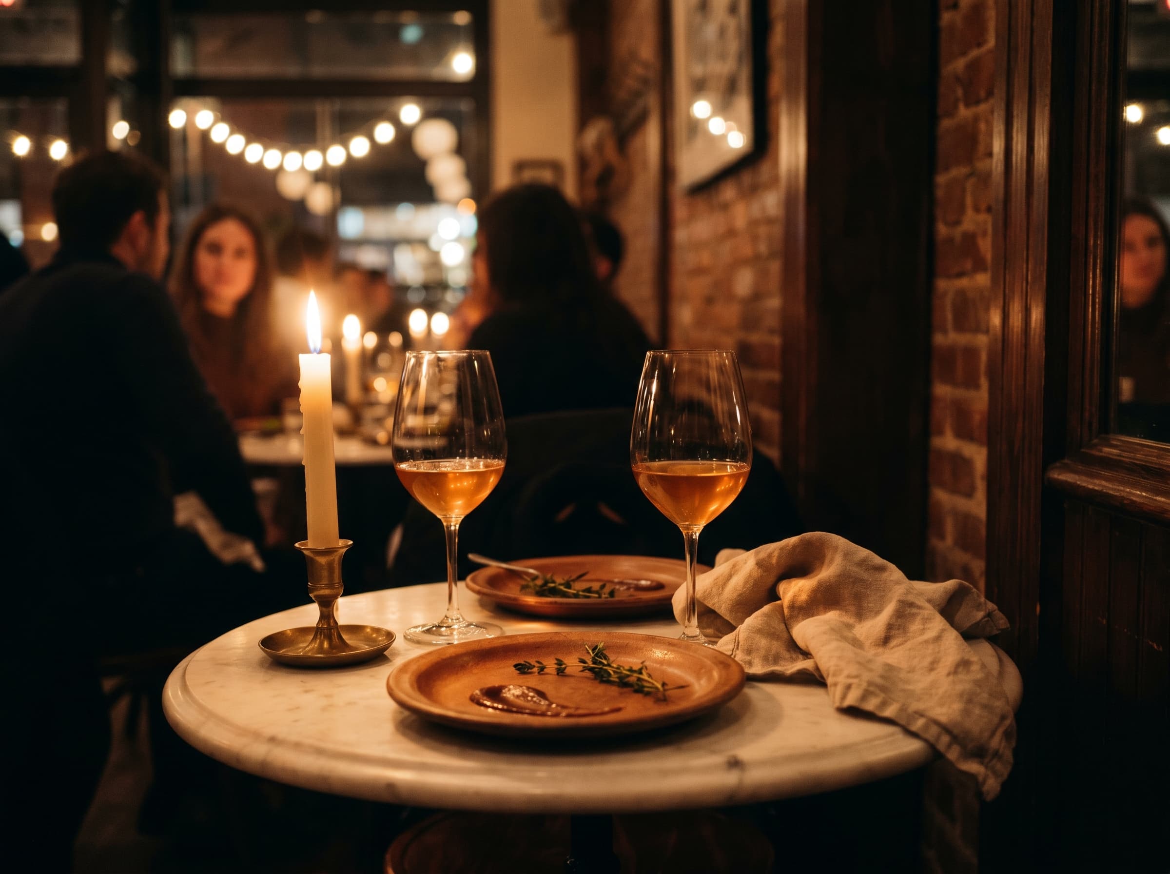 Candlelit downtown bistro table with two glasses of wine