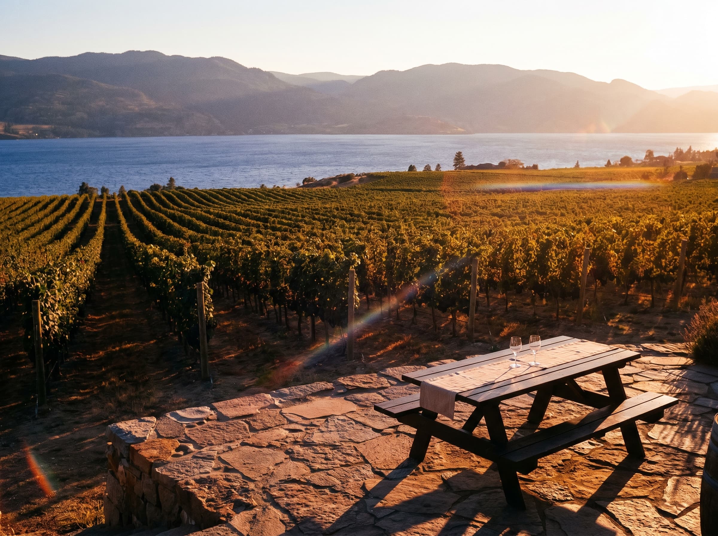 Sunset over Westside vineyard with picnic table and Okanagan Lake