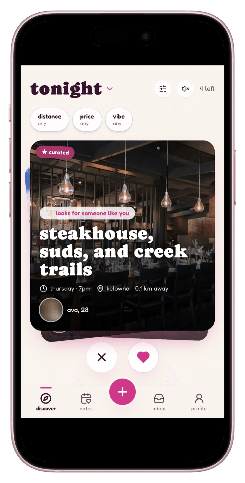 the after5 swipe feed — a curated date night